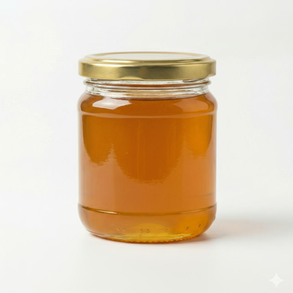 Label-free jar of rapeseed honey, pale white crystallized